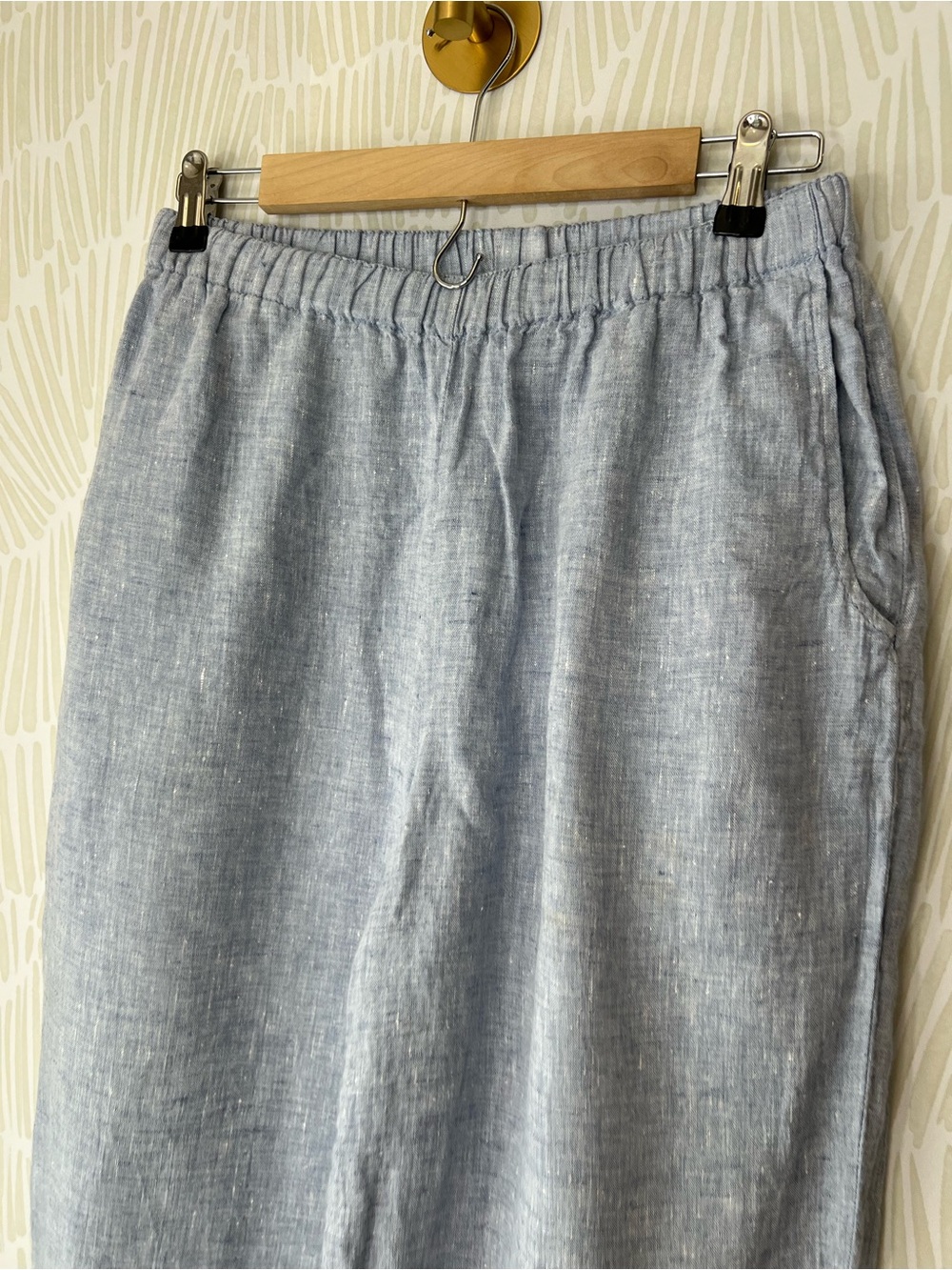 FLAX Light Blue Linen Wide Leg Pull-On Pants Women’s Elastic Waist Pockets - Picture 5 of 13